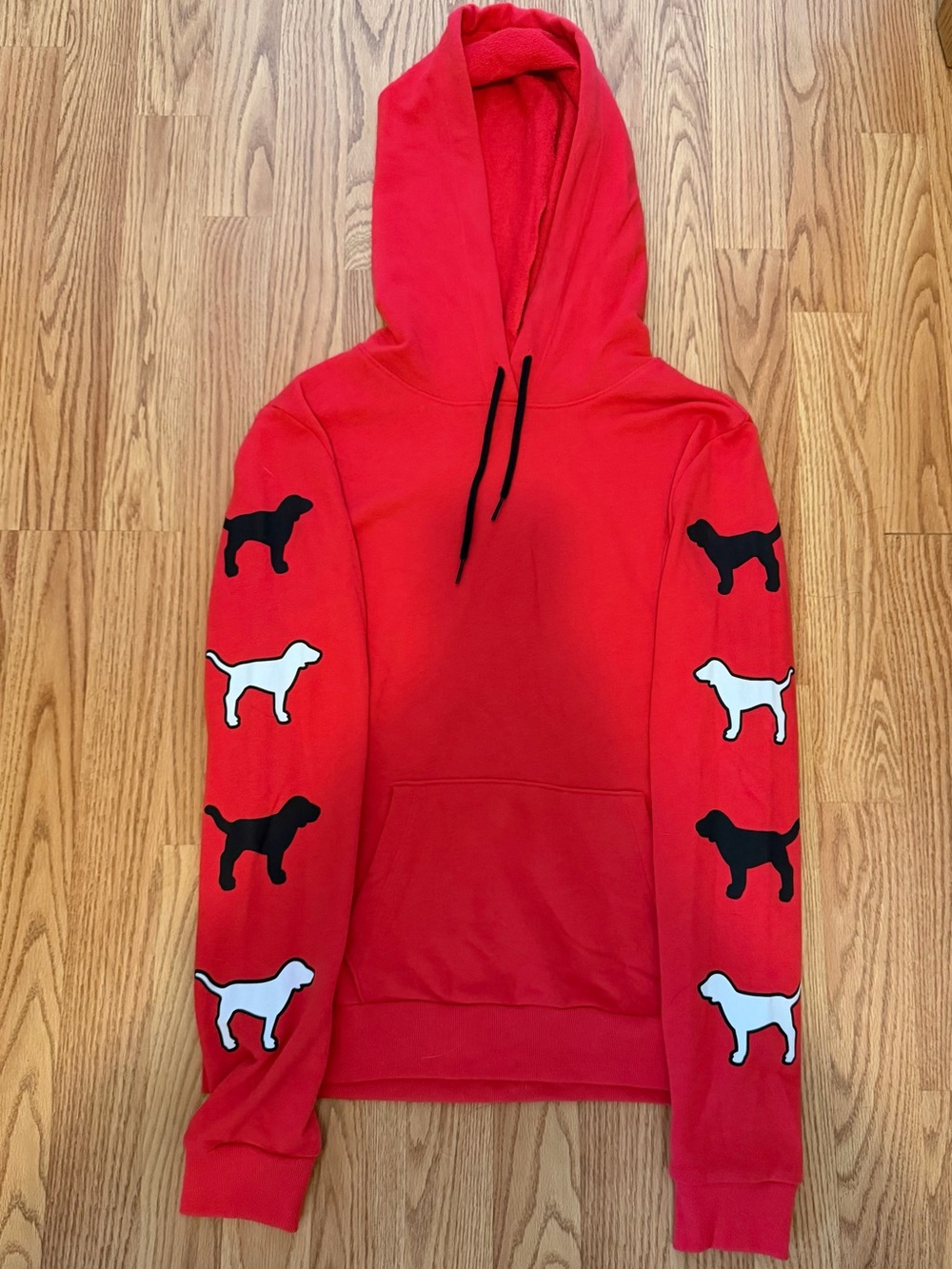 Pink Victoria’s Secret Red Hoodie Dog Logo on Sleeves M